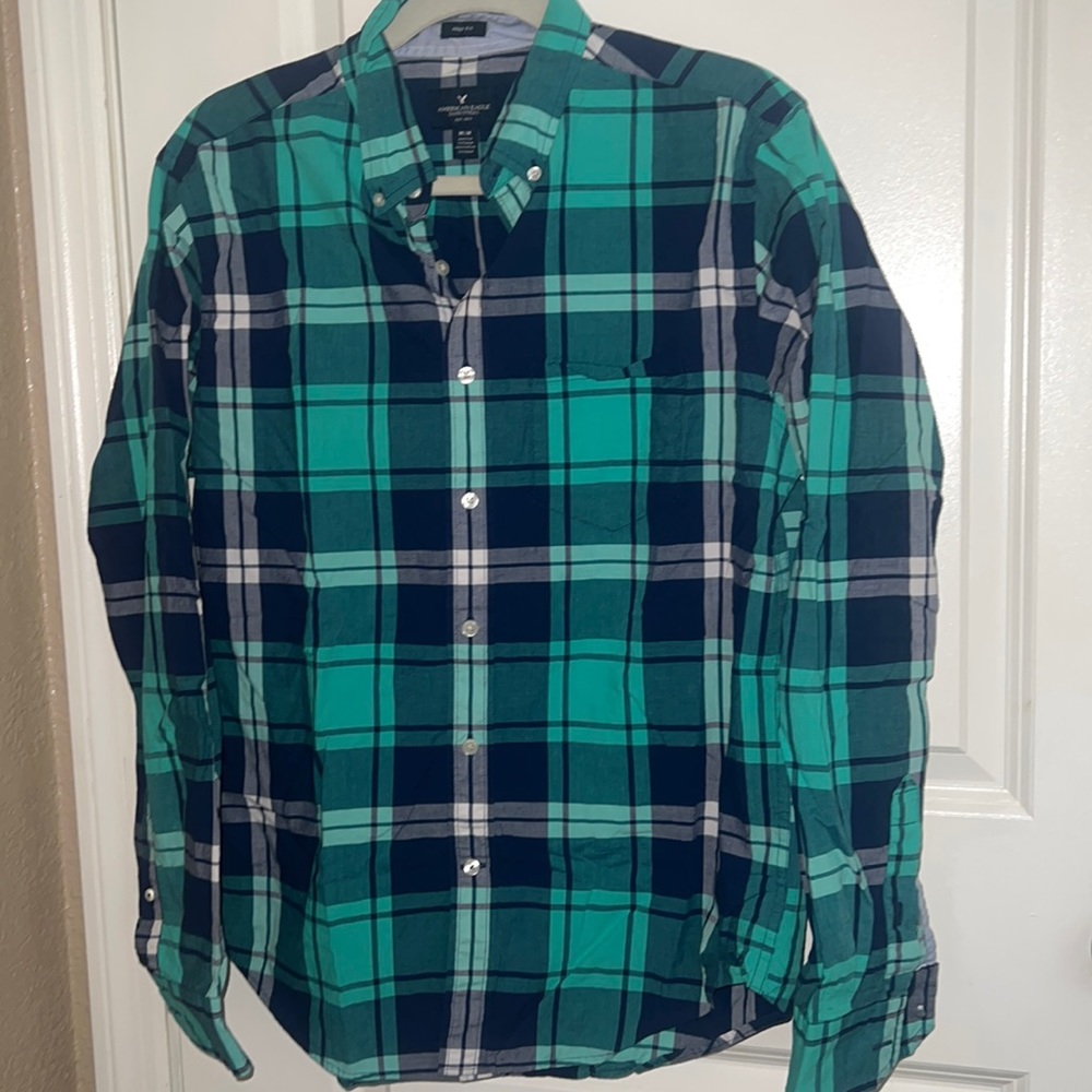 Aeo Navy And Teal Checkered Pattern Button Down - image 1